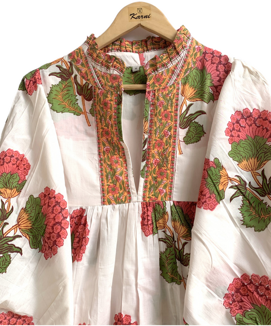 Floral Hand Block Printed Cotton Mini Dress – Puff Sleeve Boho Summer Dress