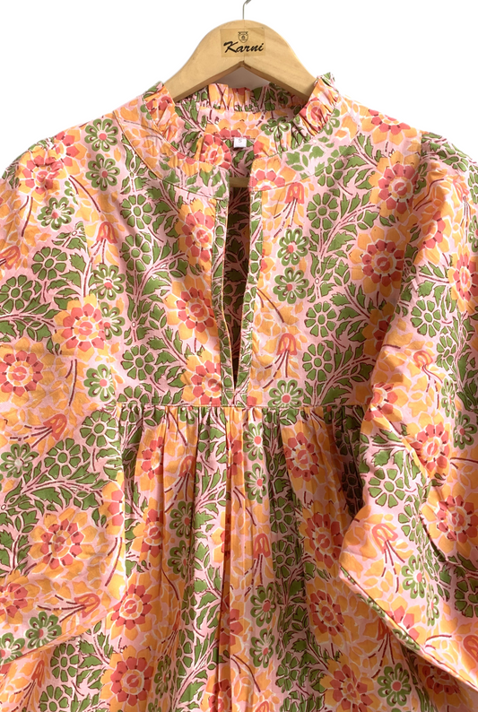 Peach Floral Hand Block Printed Cotton Mini Dress – Puff Sleeve Boho Summer Dress