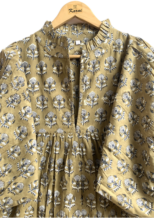 Olive Floral Hand Block Printed Cotton Mini Dress – Puff Sleeve Boho Summer Dress