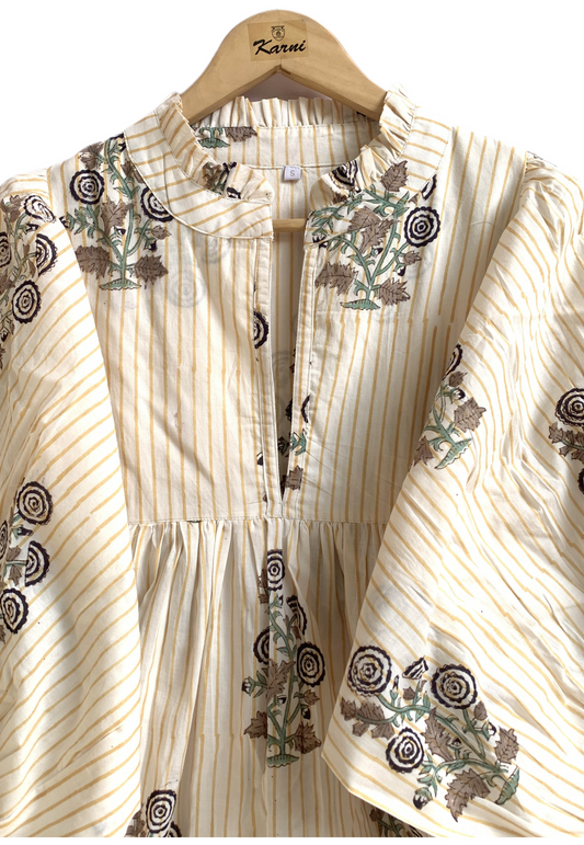 Striped Floral Hand Block Printed Cotton Mini Dress – Puff Sleeve Boho Dress