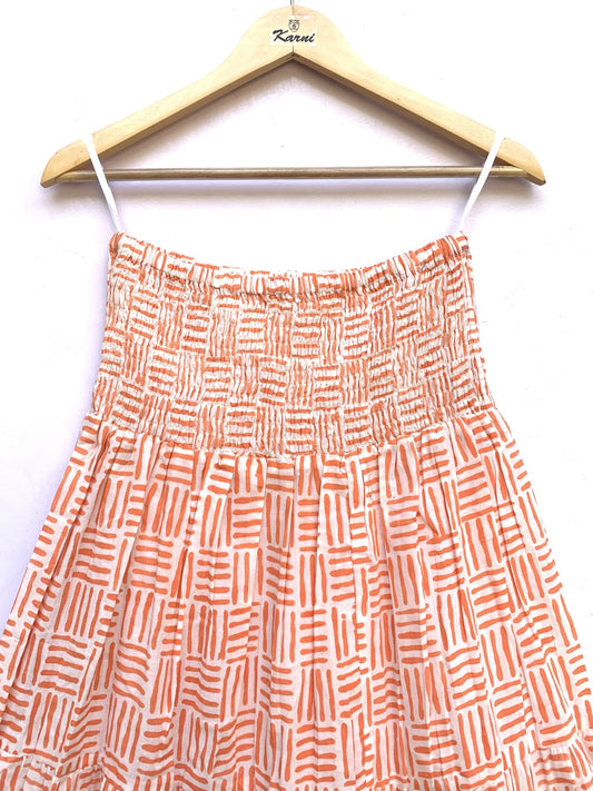 Peach Orange Geometric Hand Block Printed Cotton Skirt – Elastic Waist Boho Indian Skirt