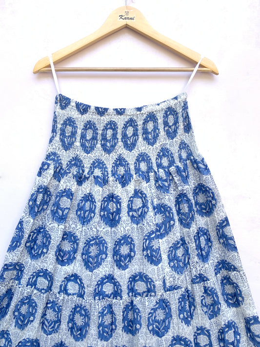Blue White Floral Hand Block Printed Cotton Maxi Skirt – Elastic Waist Boho Indian Skirt
