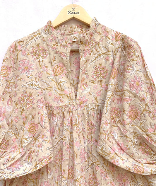 Soft Beige Pink Floral Hand Block Print Cotton Tiered Midi Dress – Bohemian Indian Dress