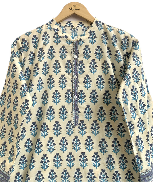 Ivory Blue Floral Hand Block Printed Cotton Kurta – Women’s Indian Tunic Dress