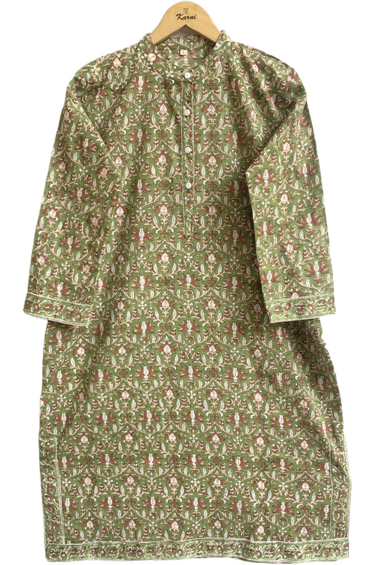 Olive Green Floral Hand Block Printed Cotton Kurta – Women’s Indian Tunic