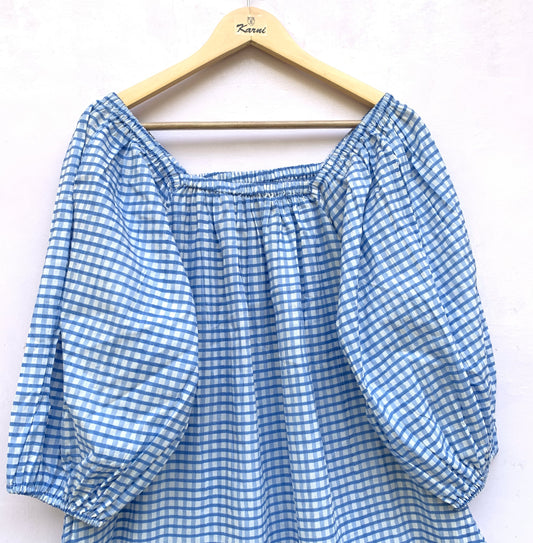 Blue Gingham Cotton Midi Dress – Puff Sleeve Boho Summer Dress