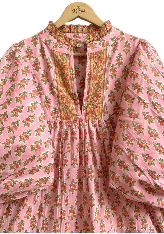 Pink Floral Hand Block Printed Cotton Dress – Puff Sleeve Boho Tiered Midi Dress