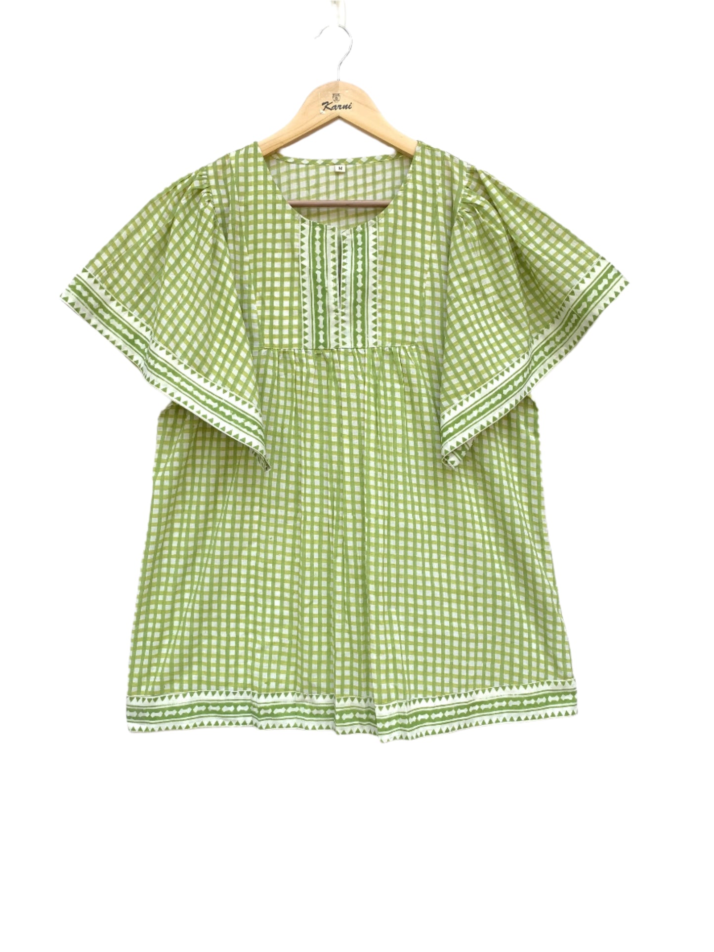 green plaid cotton blouse with v neck and short sleeves