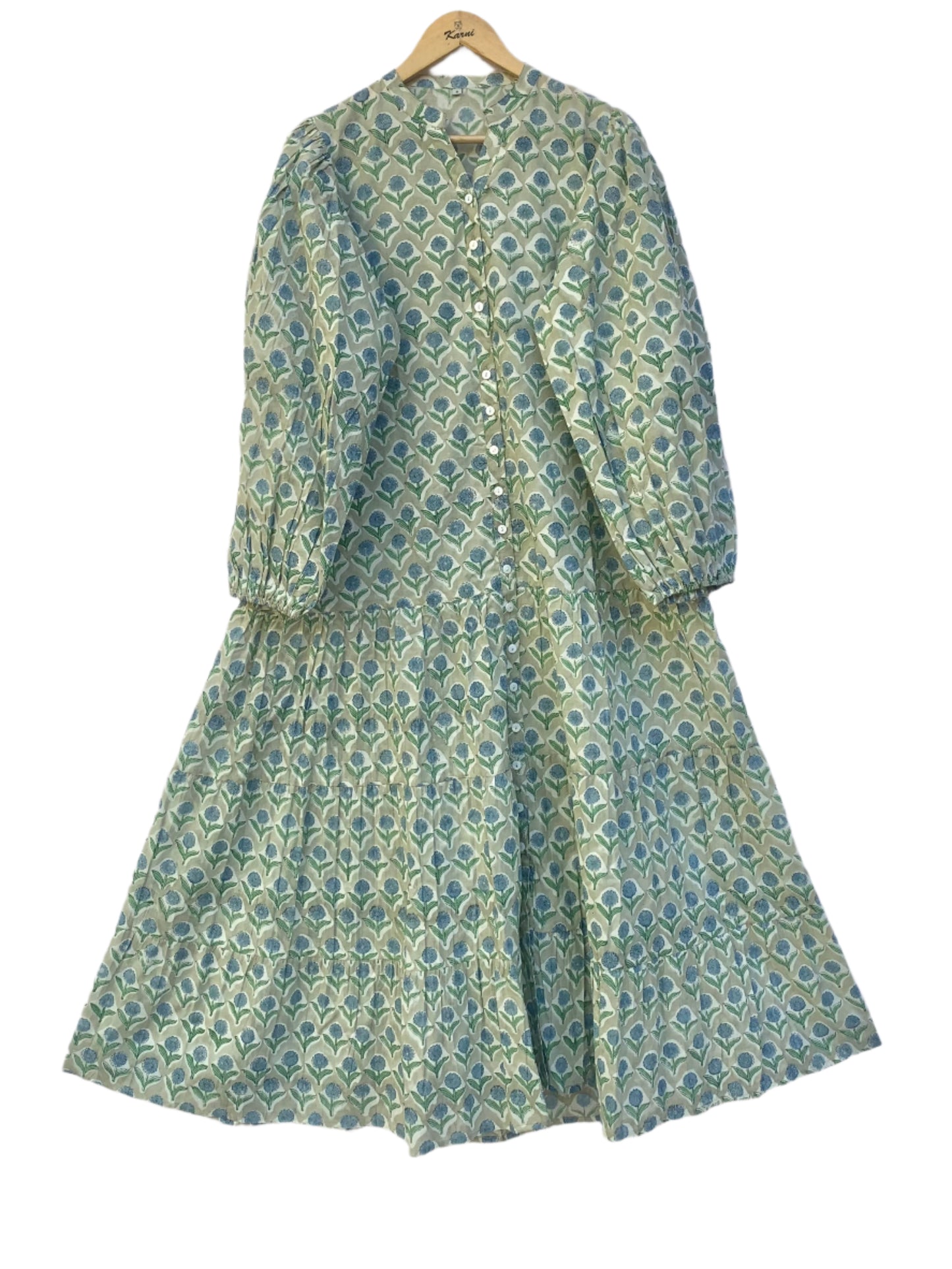 sage green maxi dress with blue marigold print