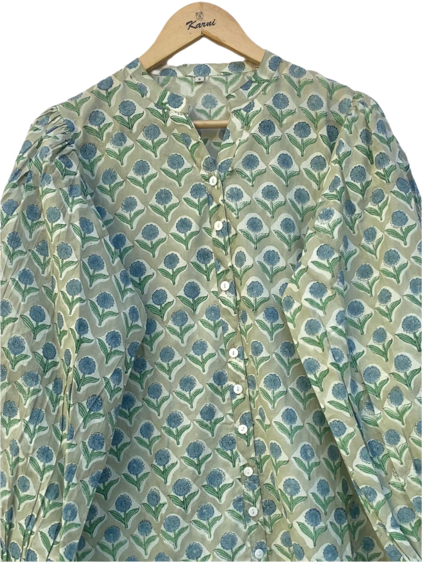 sage green maxi dress with blue marigold print