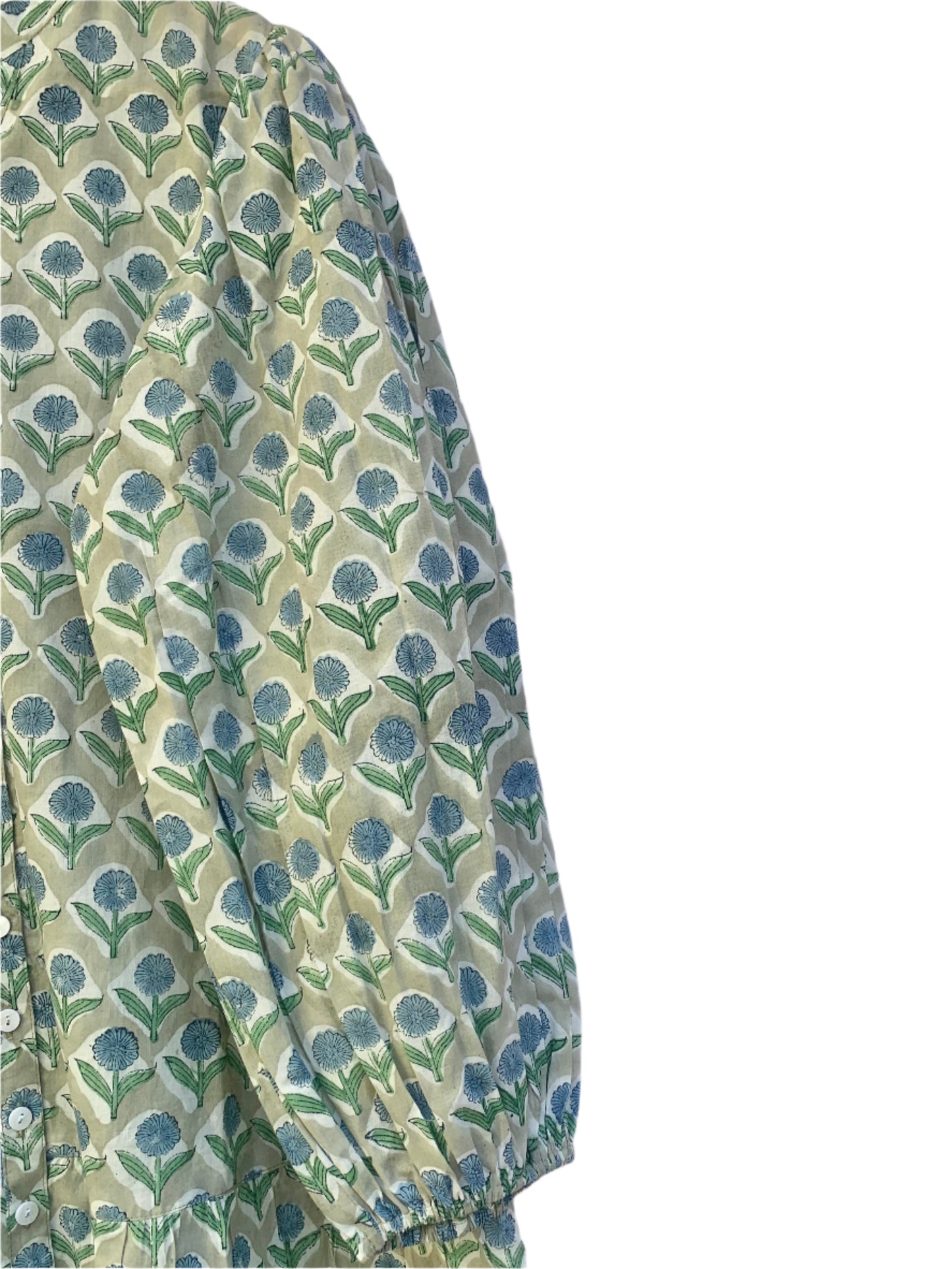 sage green maxi dress with blue marigold print
