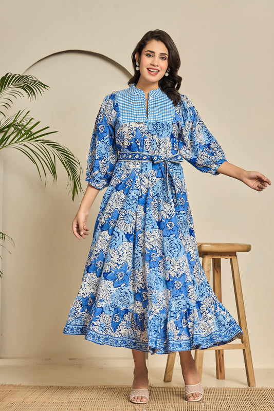 Blue Floral Cotton Maxi Dress – Pintuck Yoke with Balloon Sleeves & Fabric Belt