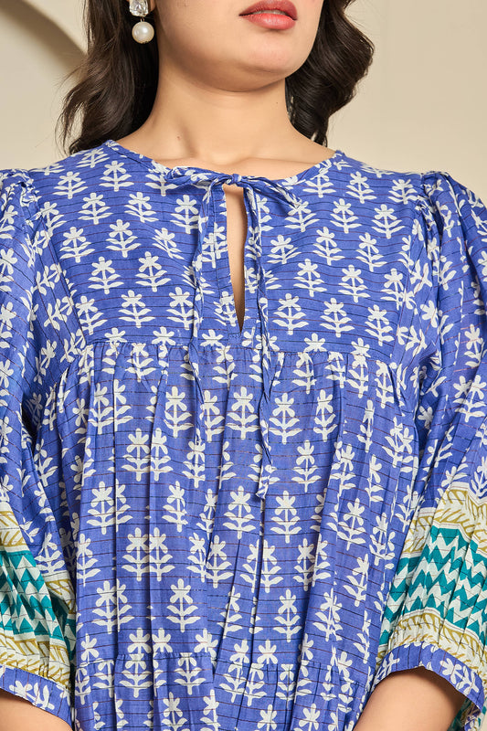 Blue Hand Block Printed Cotton Short Dress – Keyhole Neck Boho Tunic with Puff Sleeves