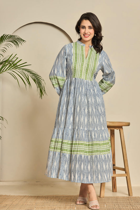 Blue & Green Hand Block Printed Cotton Maxi Dress – Long Sleeve Boho Dress with Pintuck Yoke