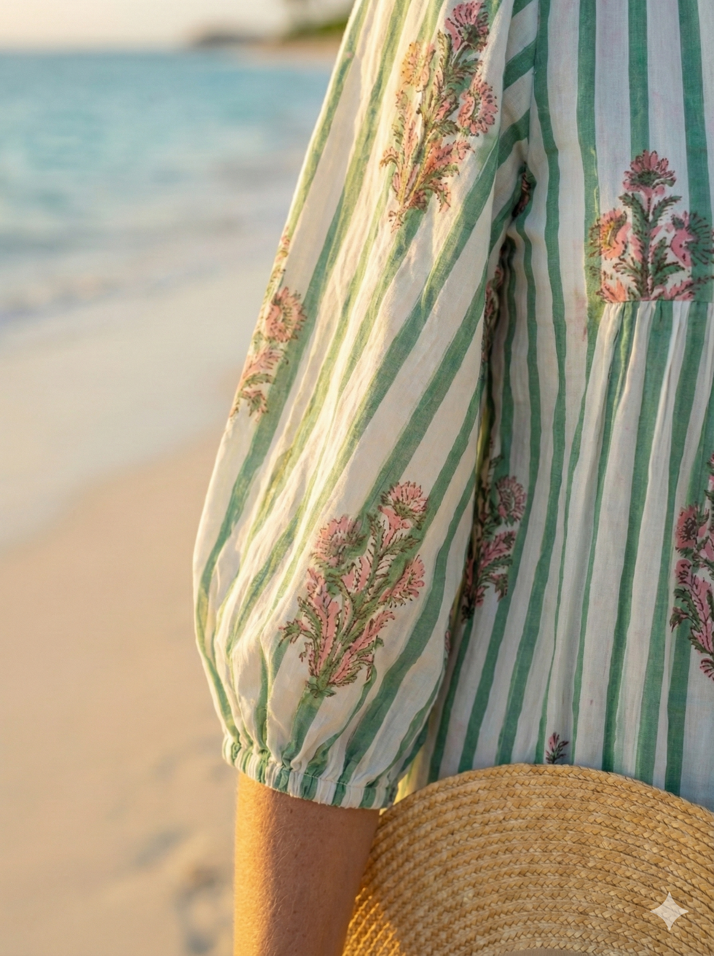 Green White Striped Floral Hand Block Printed Cotton Dress – Puff Sleeve Boho Tiered Midi Dress