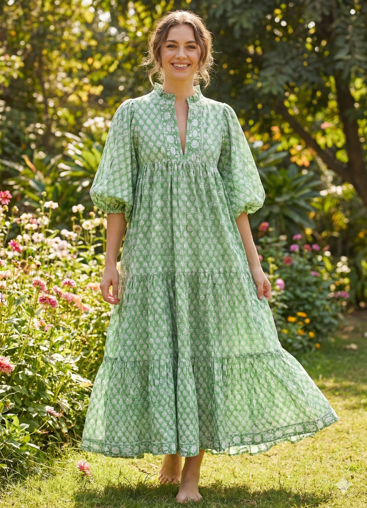 Sage Green Floral Hand Block Printed Cotton Maxi Dress – Indian Boho Tiered Puff Sleeve Dress