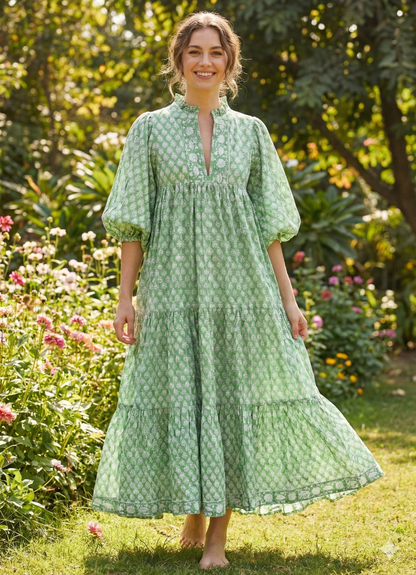 Sage Green Floral Hand Block Printed Cotton Maxi Dress – Indian Boho Tiered Puff Sleeve Dress