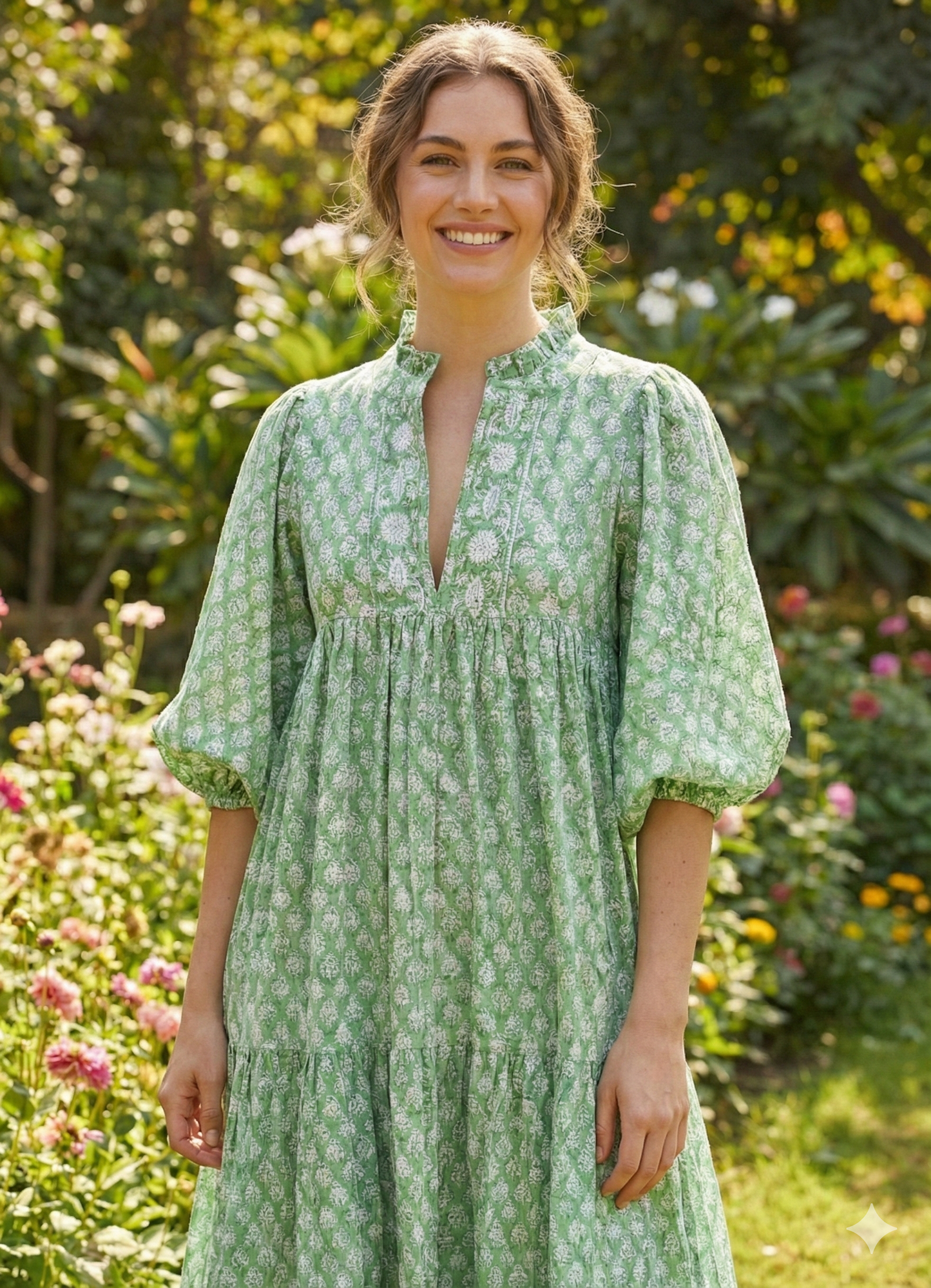 Sage Green Floral Hand Block Printed Cotton Maxi Dress – Indian Boho Tiered Puff Sleeve Dress