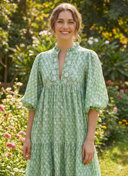 Sage Green Floral Hand Block Printed Cotton Maxi Dress – Indian Boho Tiered Puff Sleeve Dress