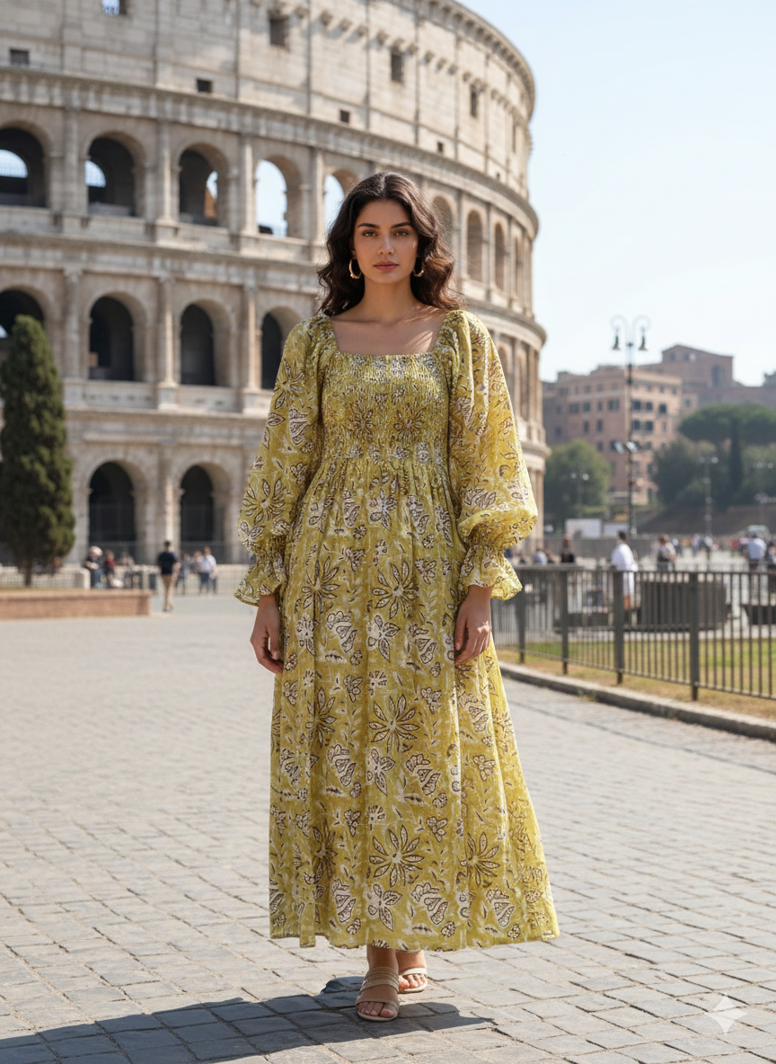 Mustard Yellow Floral Maxi Midi Dress – Long Sleeve Block Print Bohemian Dress