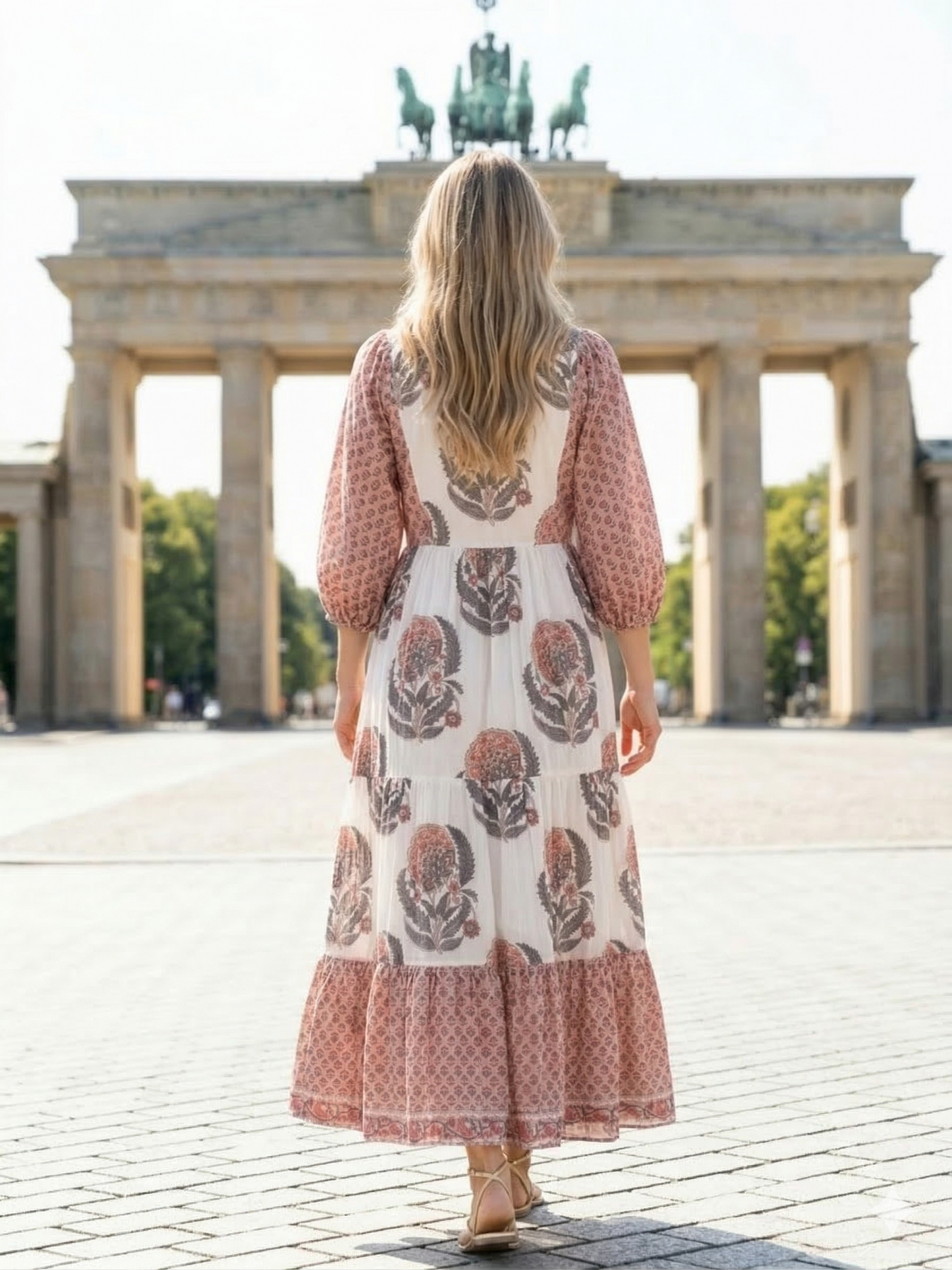 Blush Floral Hand Block Print Cotton Maxi Dress – Indian Boho Tiered Dress with Puff Sleeves