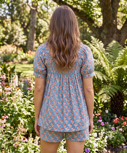 Blue Floral Cotton Pajama Set for Women, Smocked Square Neck Puff Sleeve Top with Matching Pocket