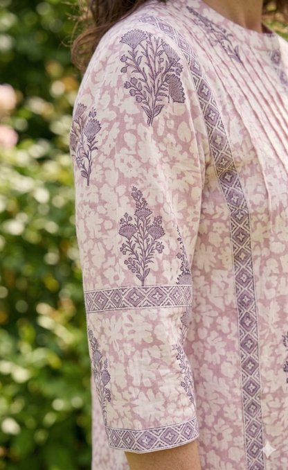 Blush Pink Hand Block Print Cotton Top – Boho Round Neck Blouse