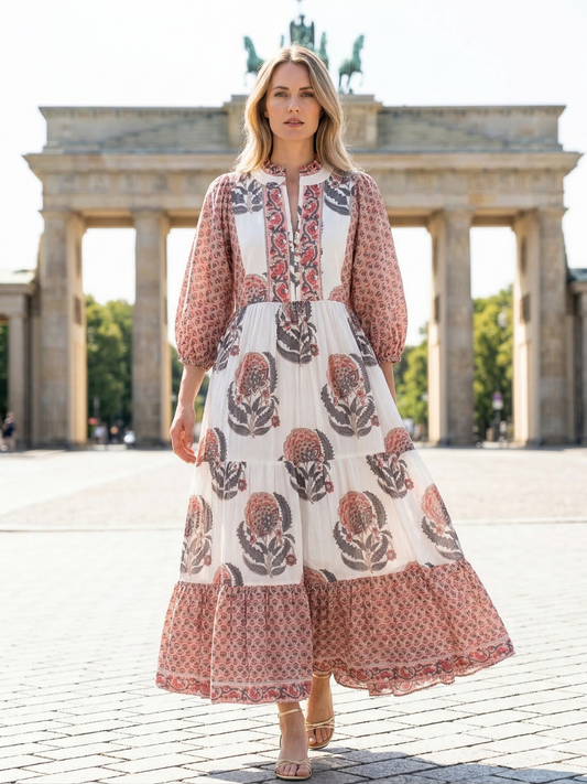 Blush Floral Hand Block Print Cotton Maxi Dress – Indian Boho Tiered Dress with Puff Sleeves