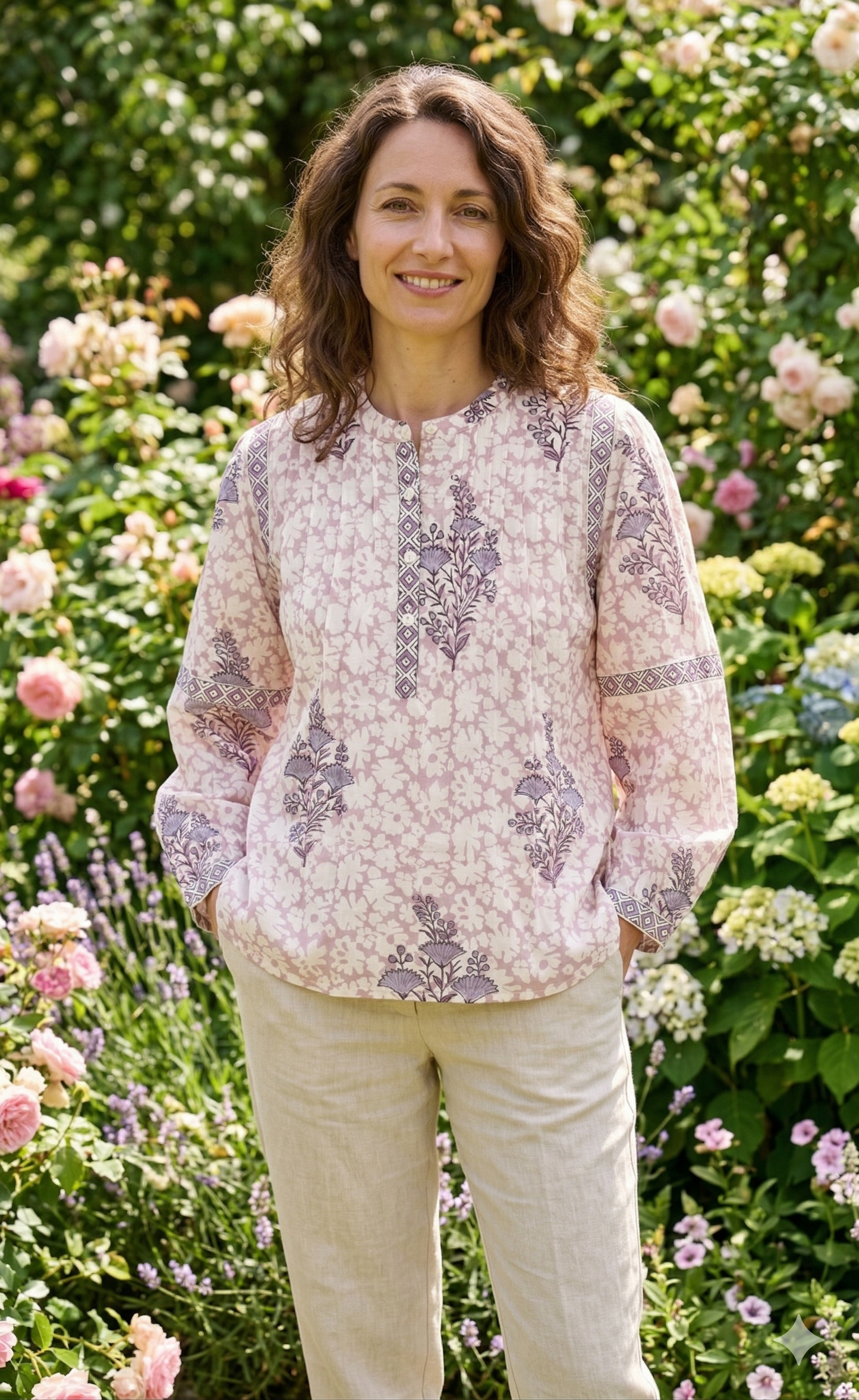 Blush Pink Hand Block Print Cotton Top – Boho Round Neck Blouse