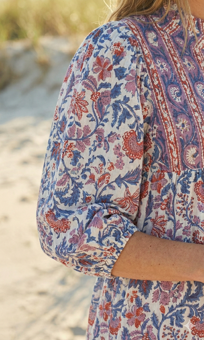 Purple Blue Floral Block Print Cotton Midi Dress – Boho Handmade Tiered Dress with Puff Sleeves & Contrast Border Yoke
