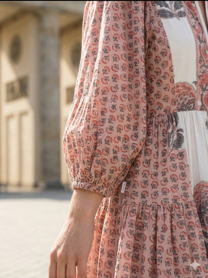 Blush Floral Hand Block Print Cotton Maxi Dress – Indian Boho Tiered Dress with Puff Sleeves