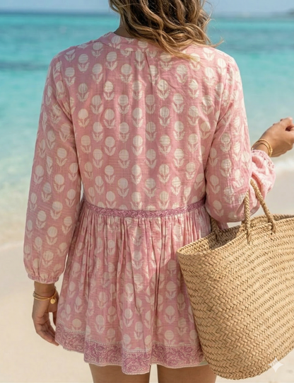 Pink Hand Block Print Cotton Tunic Top – Boho Long Sleeve Blouse