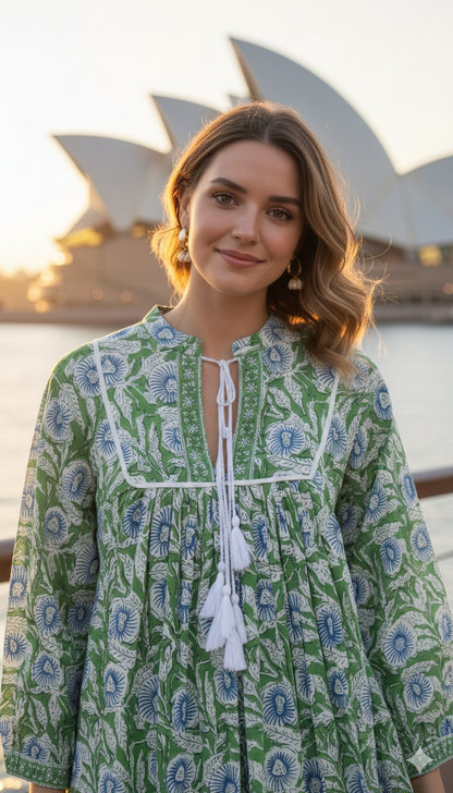 Green Floral Hand Block Printed Cotton Maxi Dress – Boho Tassel Tunic Dress