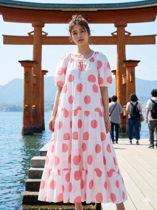 Coral Pink Polka Dot Cotton Maxi Dress – Tiered Boho Indian Summer Style