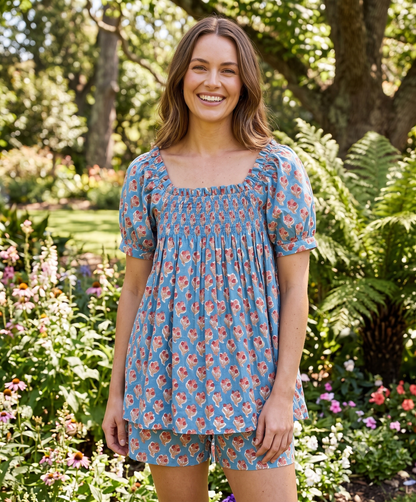 Blue Floral Cotton Pajama Set for Women, Smocked Square Neck Puff Sleeve Top with Matching Pocket