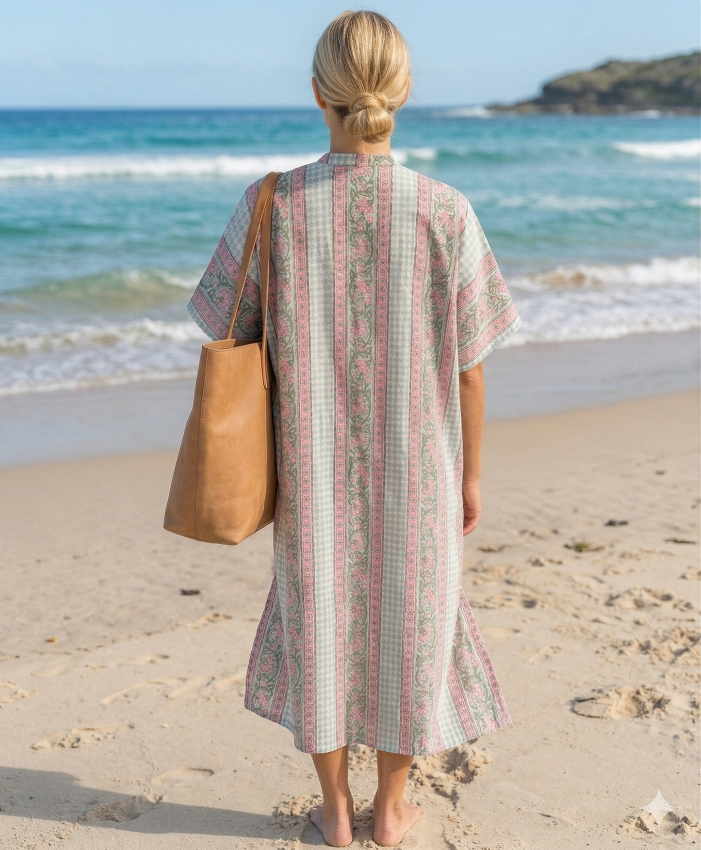 Mint Green & Pink Floral Stripe Hand Block Print Cotton Kaftan Dress