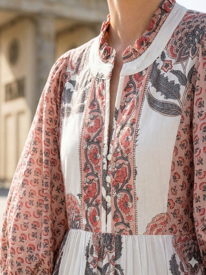 Blush Floral Hand Block Print Cotton Maxi Dress – Indian Boho Tiered Dress with Puff Sleeves