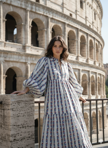 Blue Red Striped Hand Block Printed Cotton Midi Dress – Puff Sleeve Boho Indian Dress