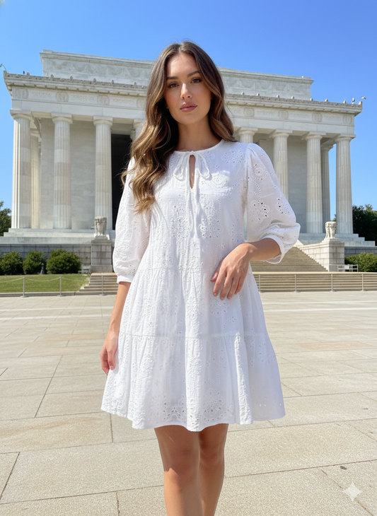 White Cotton Eyelet Mini Dress – Boho Tiered Long Sleeve Summer Dress