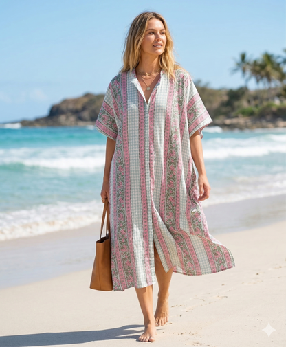 Mint Green & Pink Floral Stripe Hand Block Print Cotton Kaftan Dress