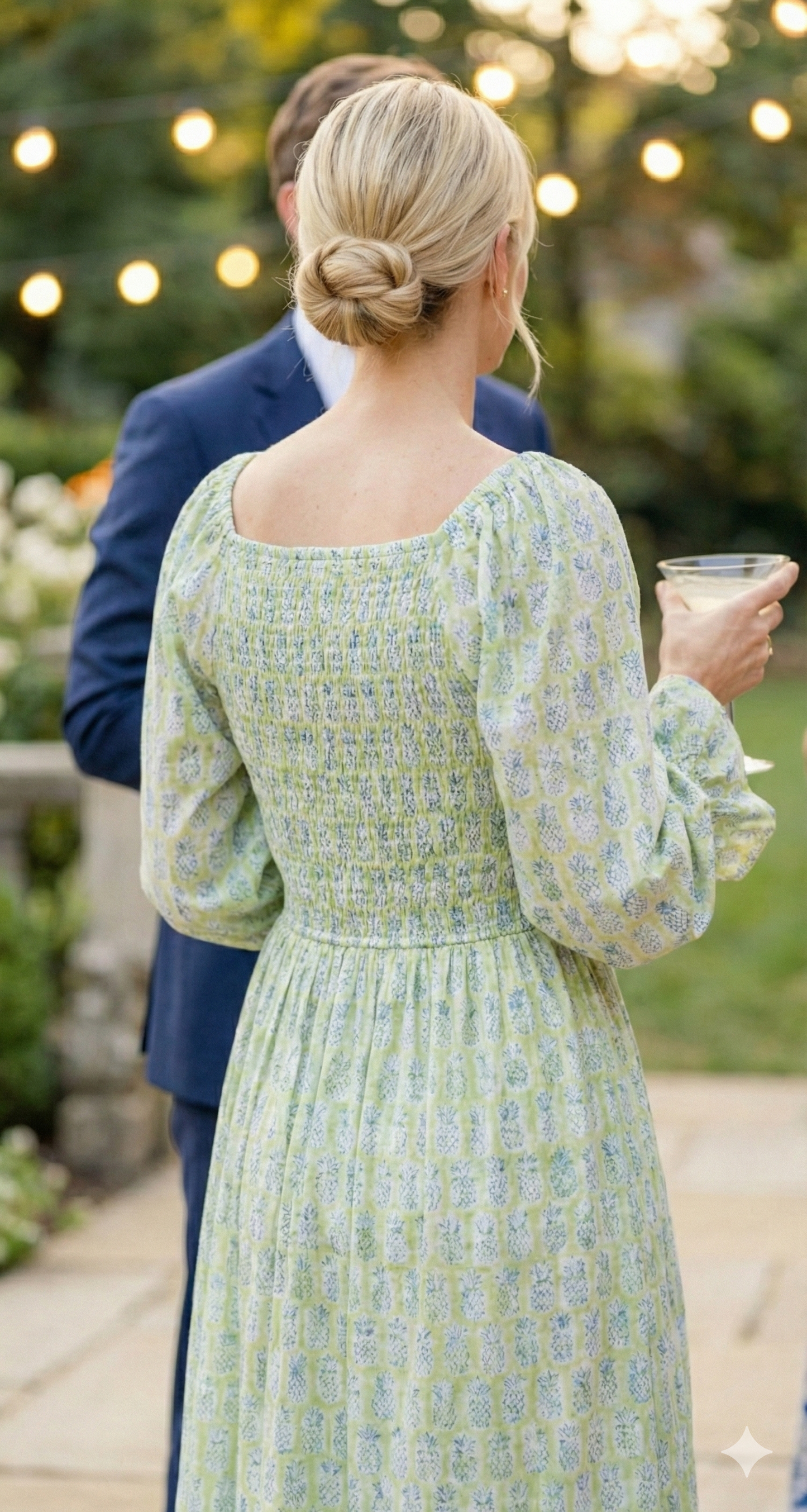 Sage Green Hand Block Printed Cotton Dress – Smocked Bodice Boho Midi Dress with Puff Sleeves