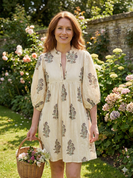 Striped Floral Hand Block Printed Cotton Mini Dress – Puff Sleeve Boho Dress