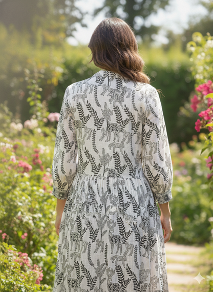 Grey Animal Print Hand Block Printed Cotton Maxi Dress – Bohemian Long Dress