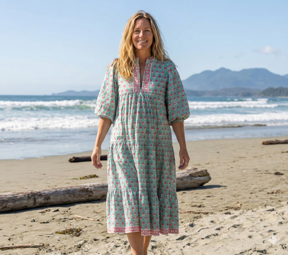 Aqua Green Block Print Cotton Maxi Dress – Relaxed Boho Dress