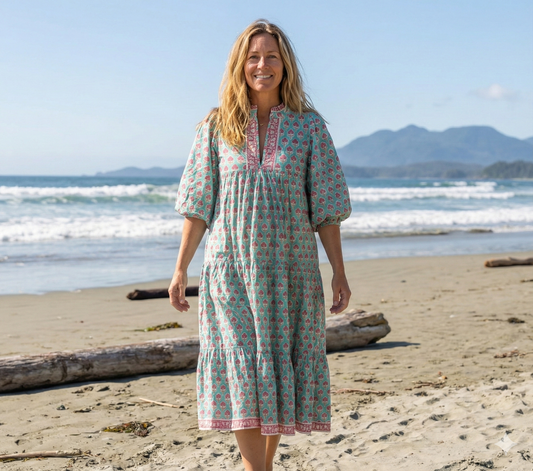 Aqua Green Block Print Cotton Maxi Dress – Relaxed Boho Dress