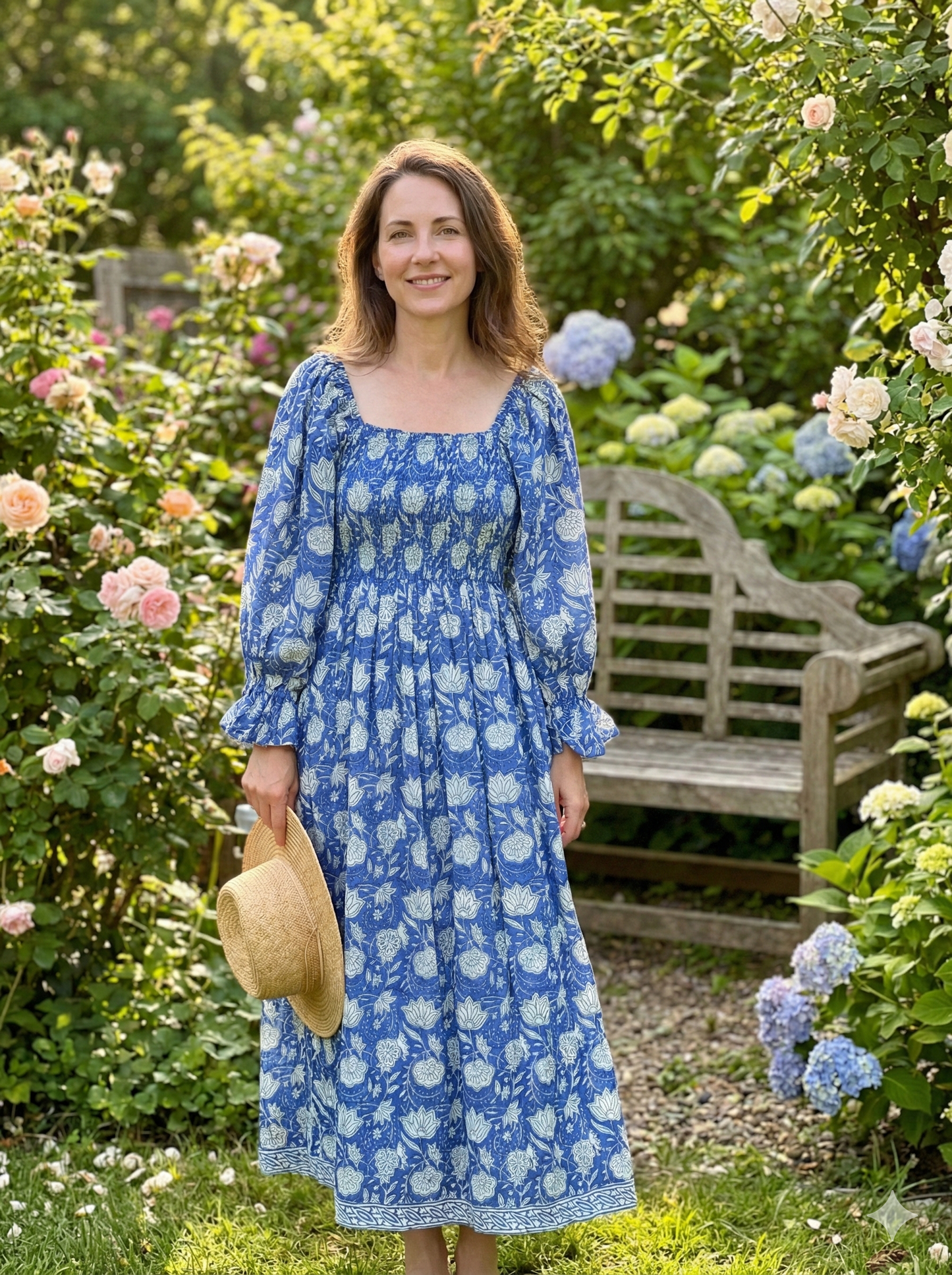 Blue Floral Hand Block Printed Cotton Dress – Smocked Bodice Boho Midi Dress with Puff Sleeves