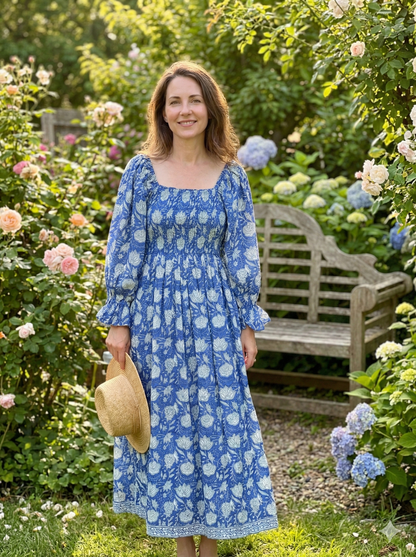 Blue Floral Hand Block Printed Cotton Dress – Smocked Bodice Boho Midi Dress with Puff Sleeves