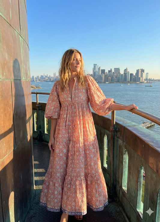 Peach Hand Block Printed Cotton Midi Dress – White Floral Boho Puff Sleeve Dress