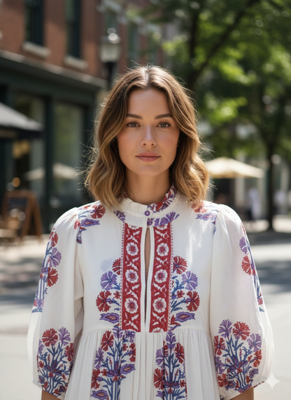 Ivory Red Blue Floral Block Print Cotton Midi Dress – Boho Handmade Tiered Dress with Puff Sleeves & Contrast Yoke