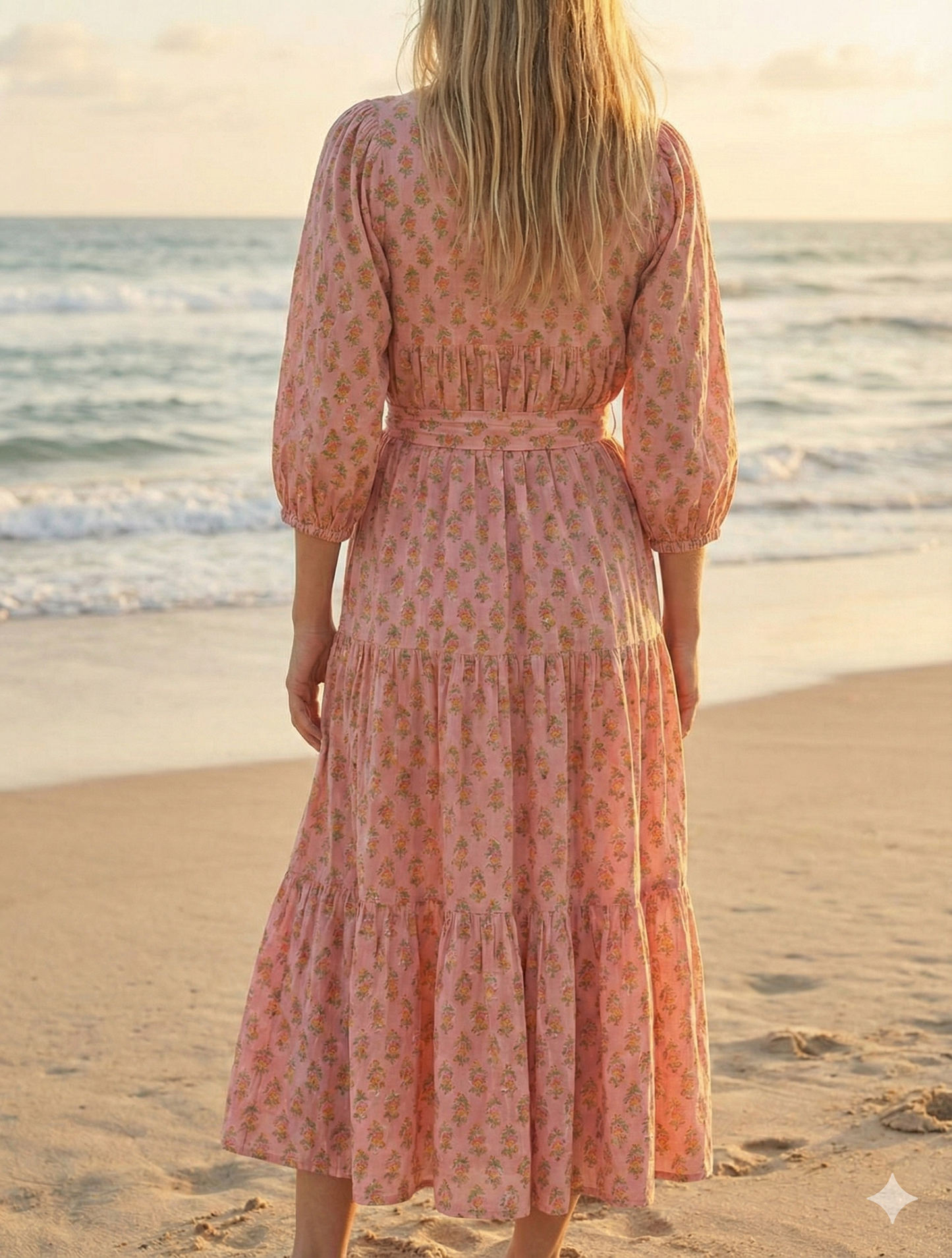Pink Floral Hand Block Printed Cotton Dress – Puff Sleeve Boho Tiered Midi Dress